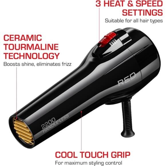 RED by Kiss Handle-Less 2200W Ceramic Tourmaline Hair Dryer, 3 Heat Settings, - Picture 3 of 7